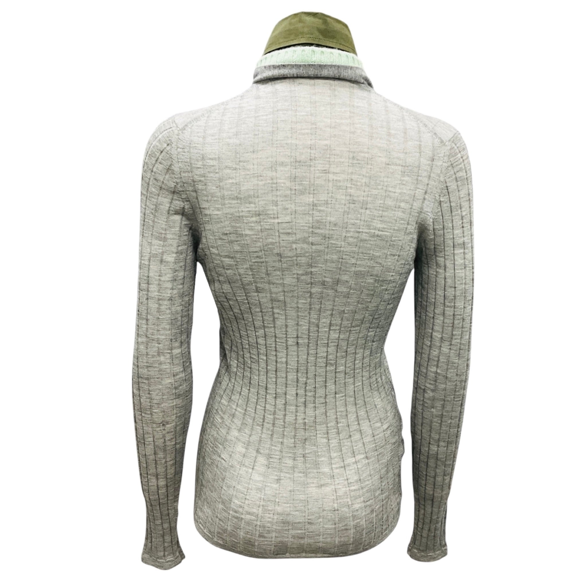 Prada Grey / Green Collar Fine Knit Cardigan Sweater