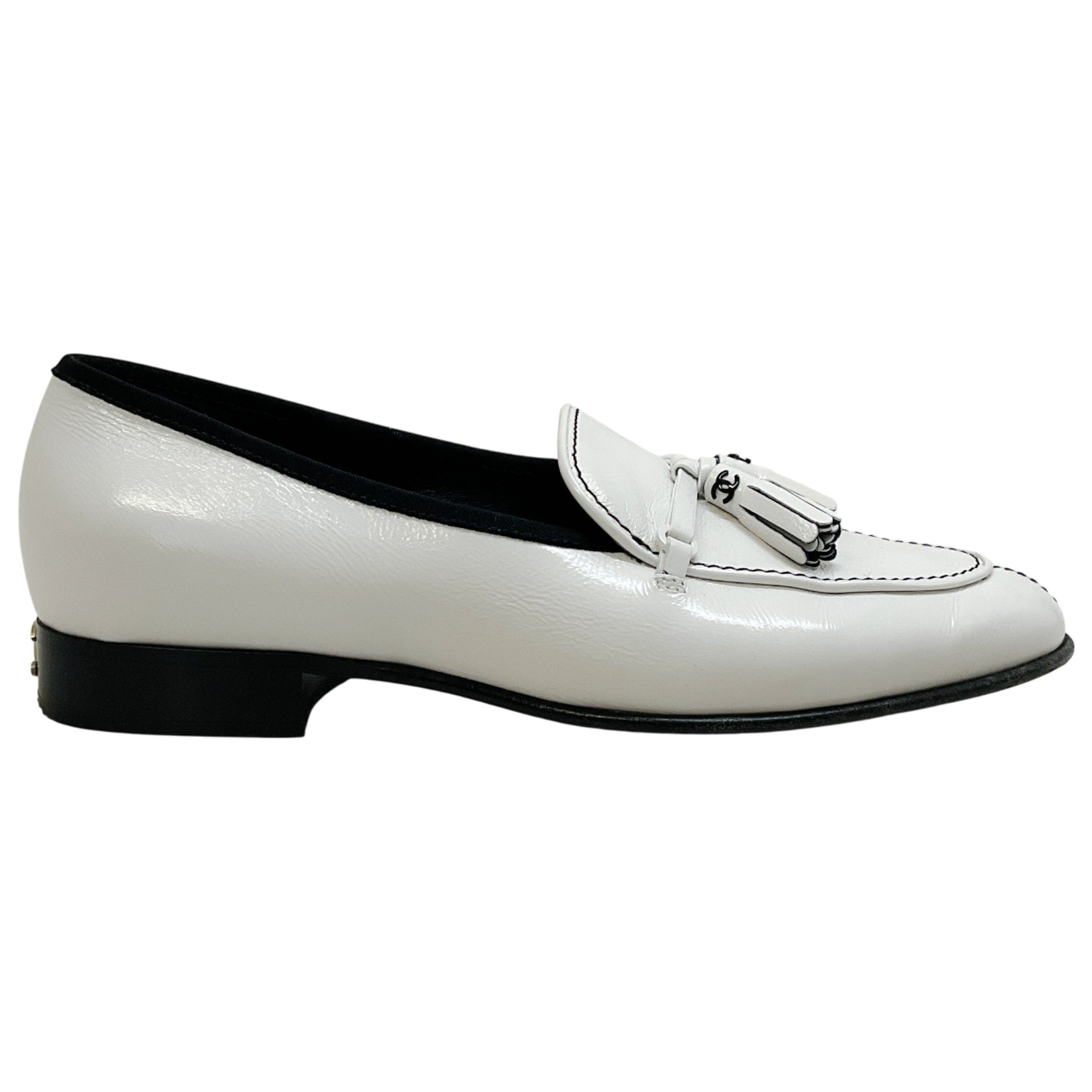 Chanel White Patent Leather Tassel Loafers