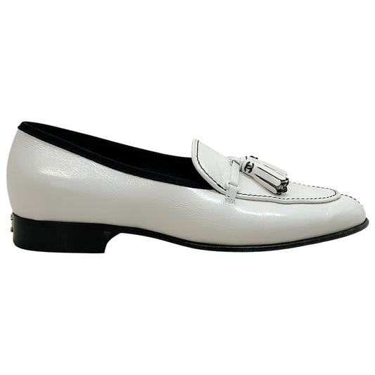 Chanel White Patent Leather Tassel Loafers