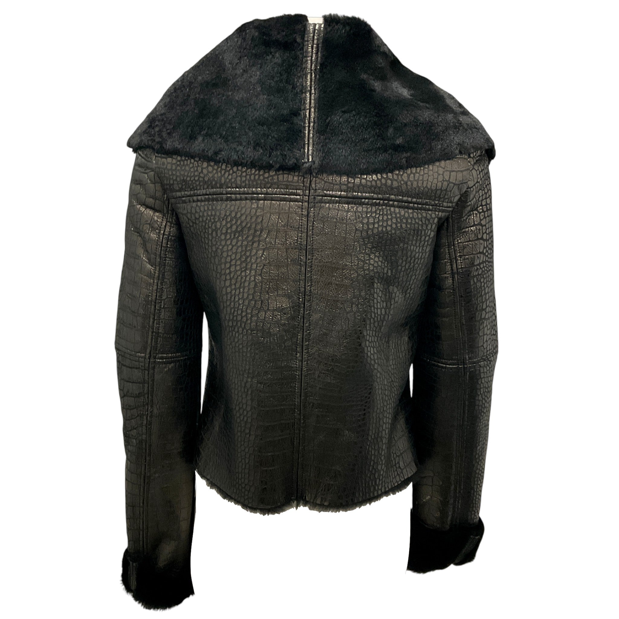 Alice + Olivia Black Embossed Shearling Moto Zip Jacket