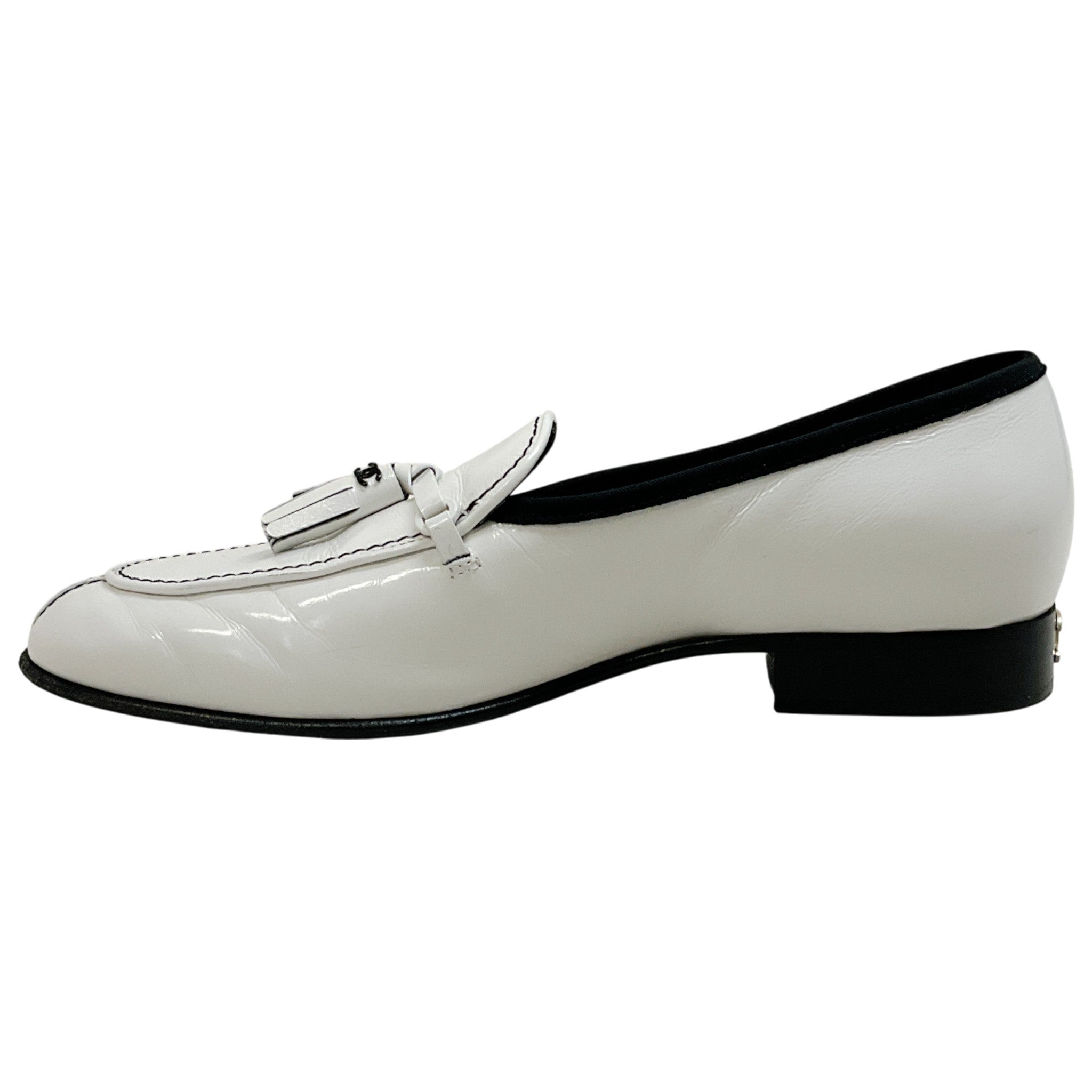 Chanel White Patent Leather Tassel Loafers