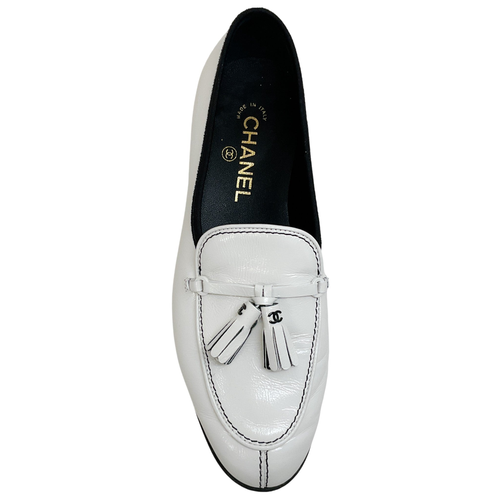 Chanel White Patent Leather Tassel Loafers