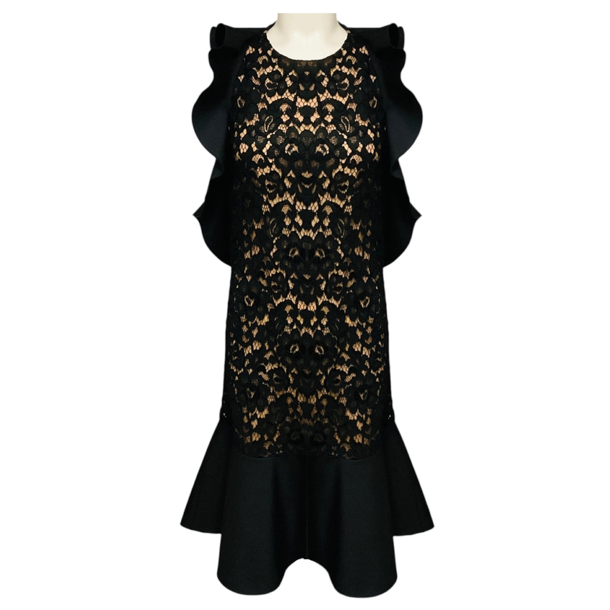Michael Kors Collection Black / Nude Ruffled Lace Cocktail Dress