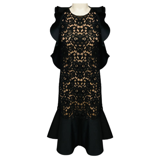 Michael Kors Collection Black / Nude Ruffled Lace Cocktail Dress