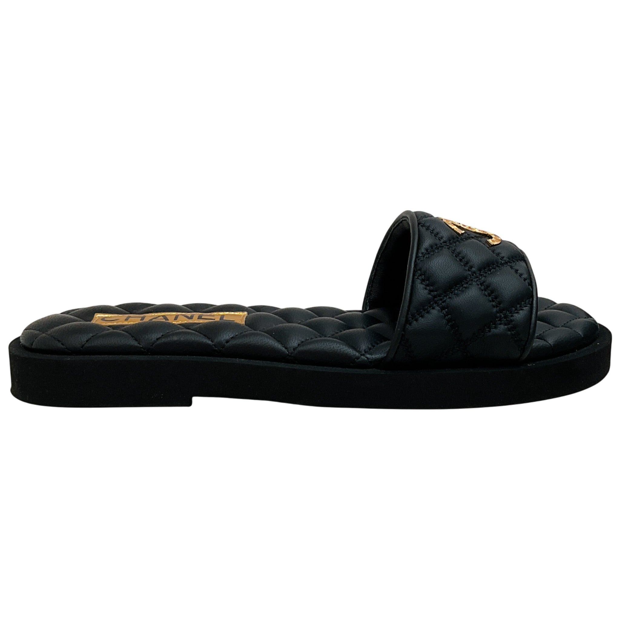 Chanel 2025 Black Quilted Leather Slide Sandals with Gold Logo