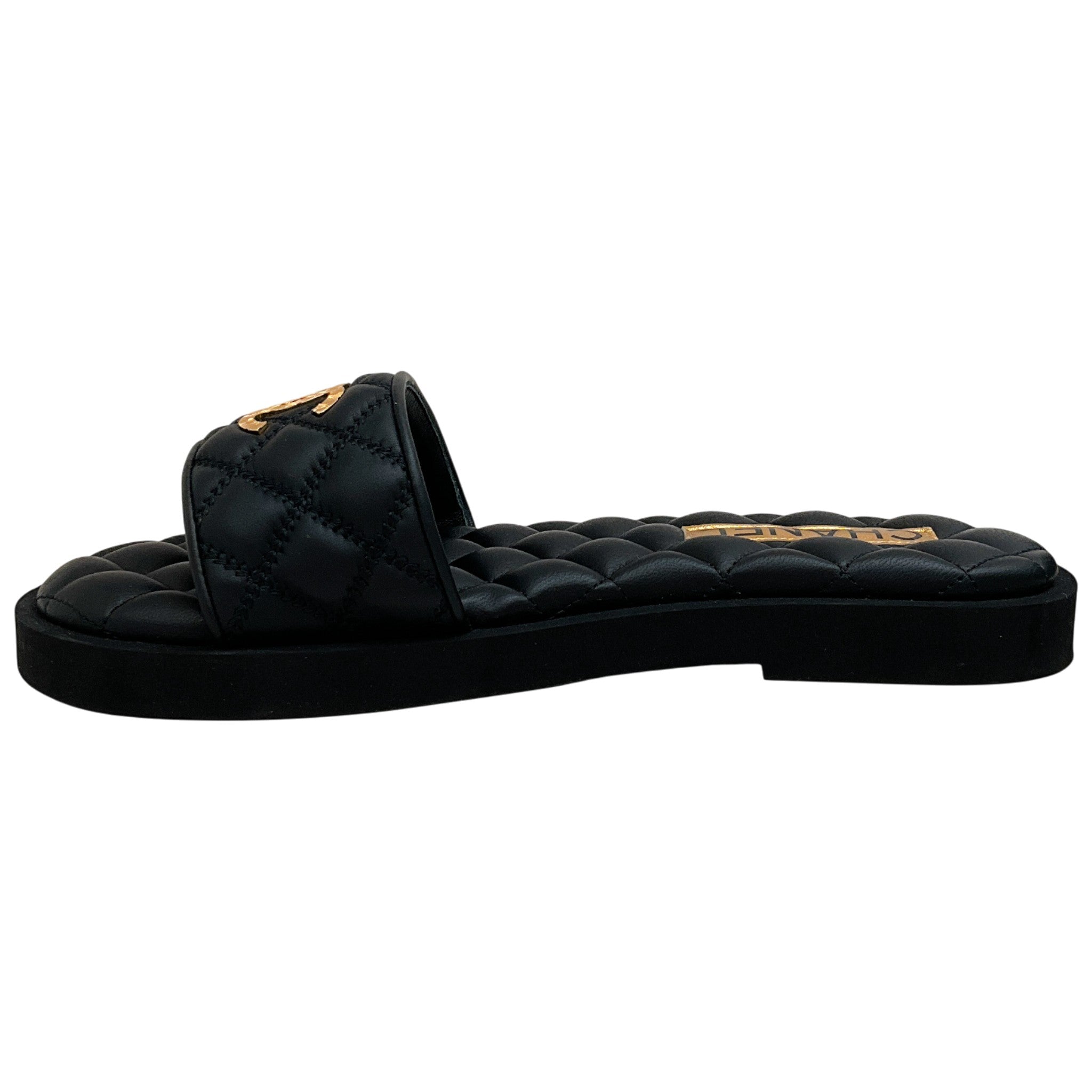 Chanel 2025 Black Quilted Leather Slide Sandals with Gold Logo