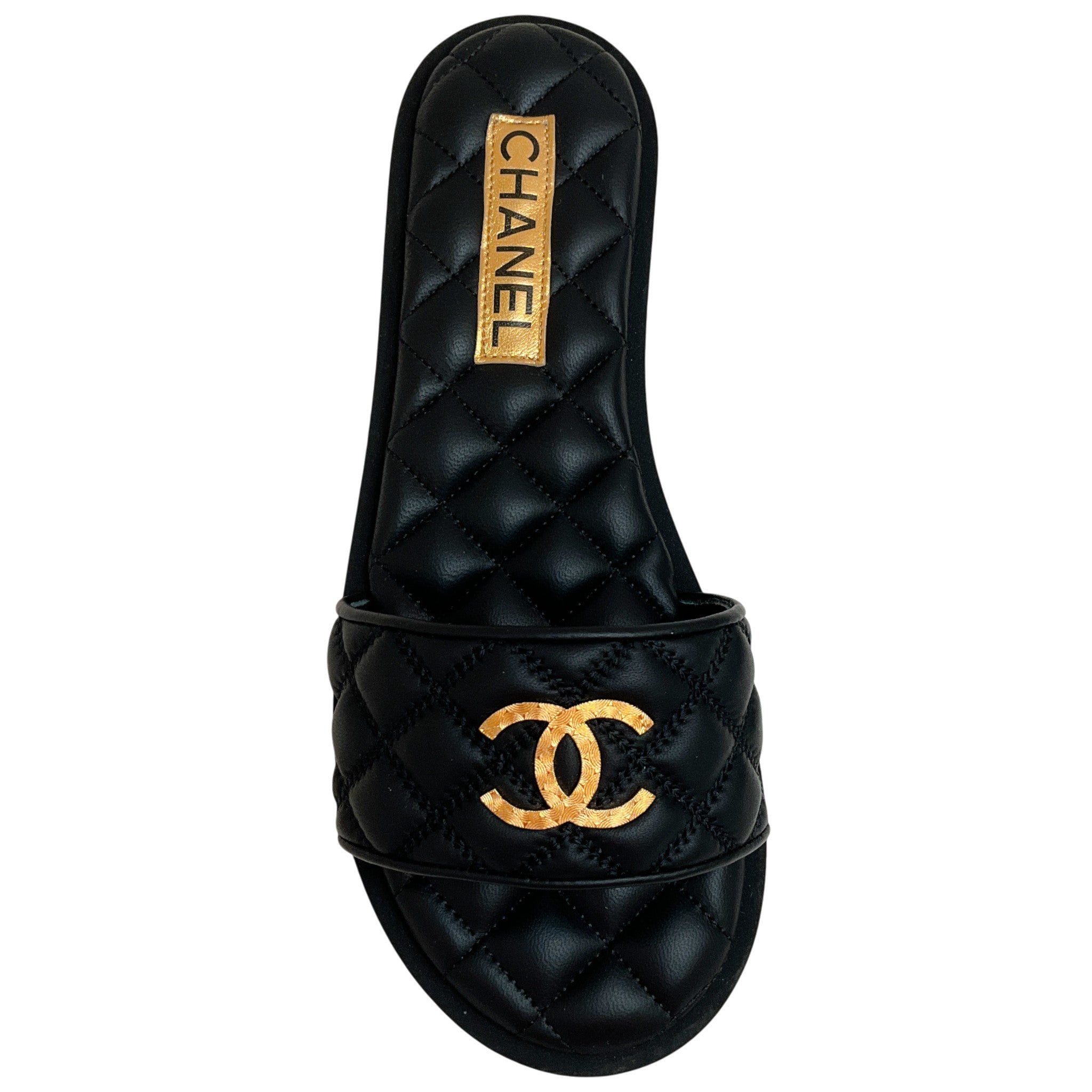 Chanel 2025 Black Quilted Leather Slide Sandals with Gold Logo