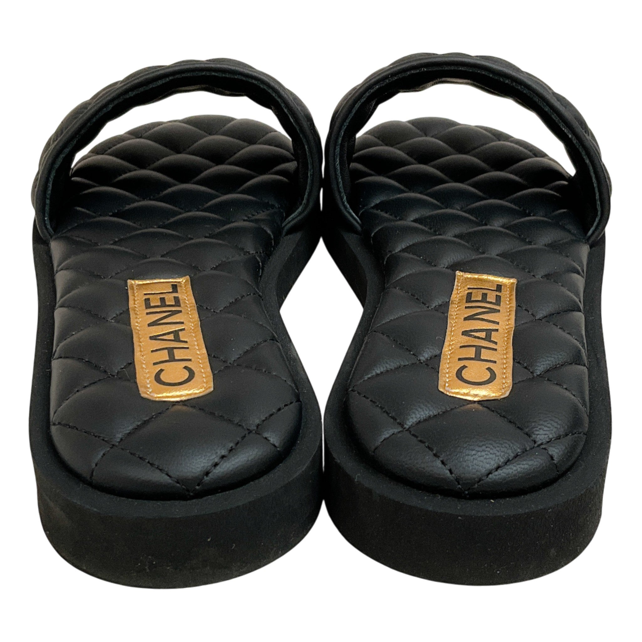 Chanel 2025 Black Quilted Leather Slide Sandals with Gold Logo