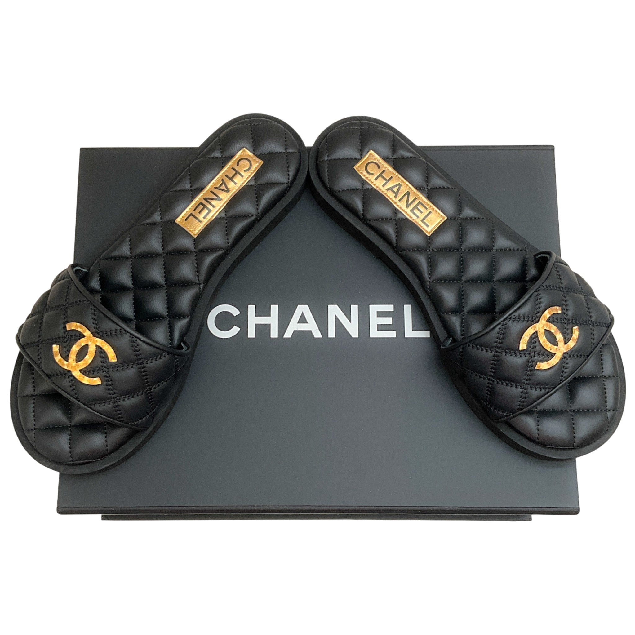 Chanel 2025 Black Quilted Leather Slide Sandals with Gold Logo