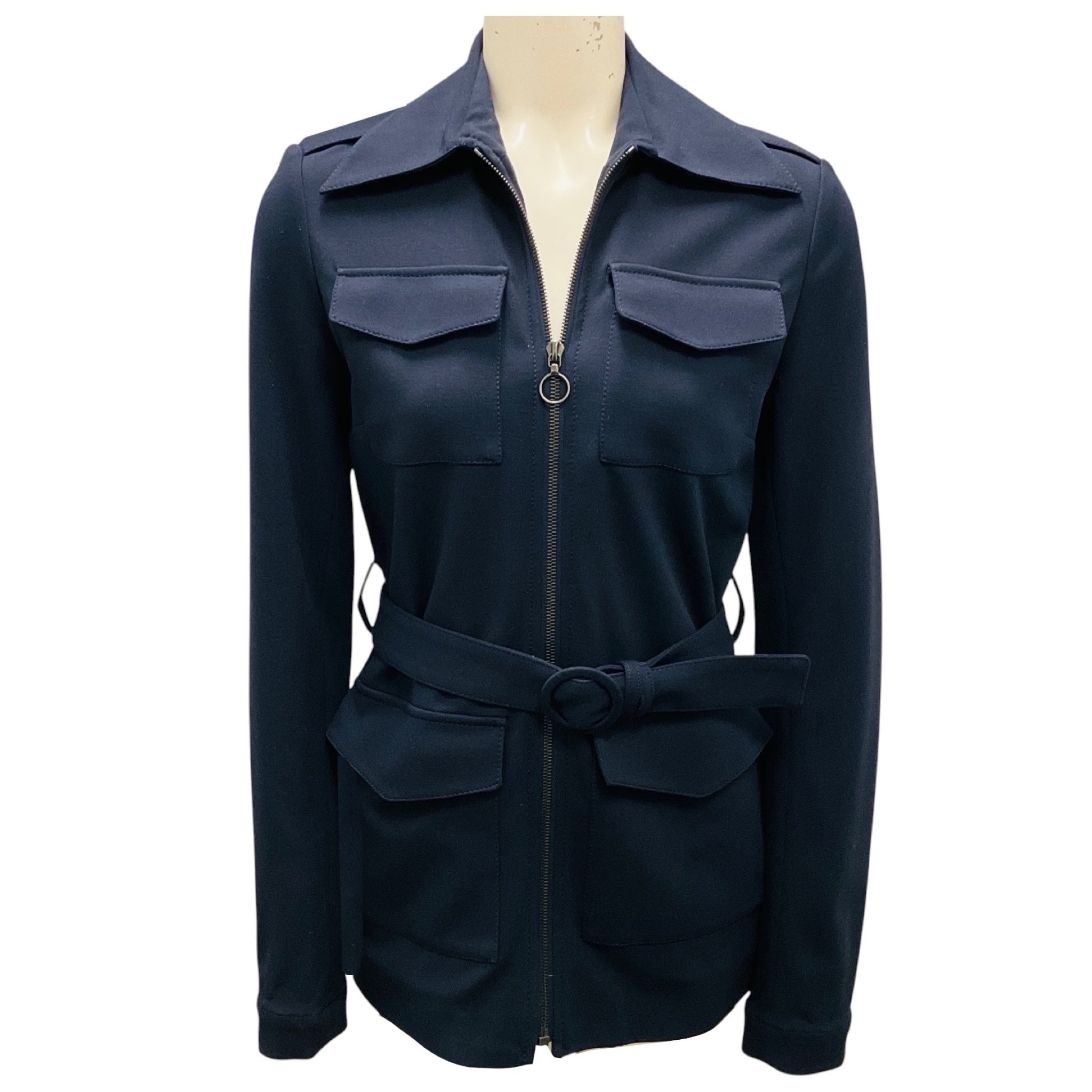 Victoria Beckham Navy Viscose Stretch Full Zip Jacket with Belt