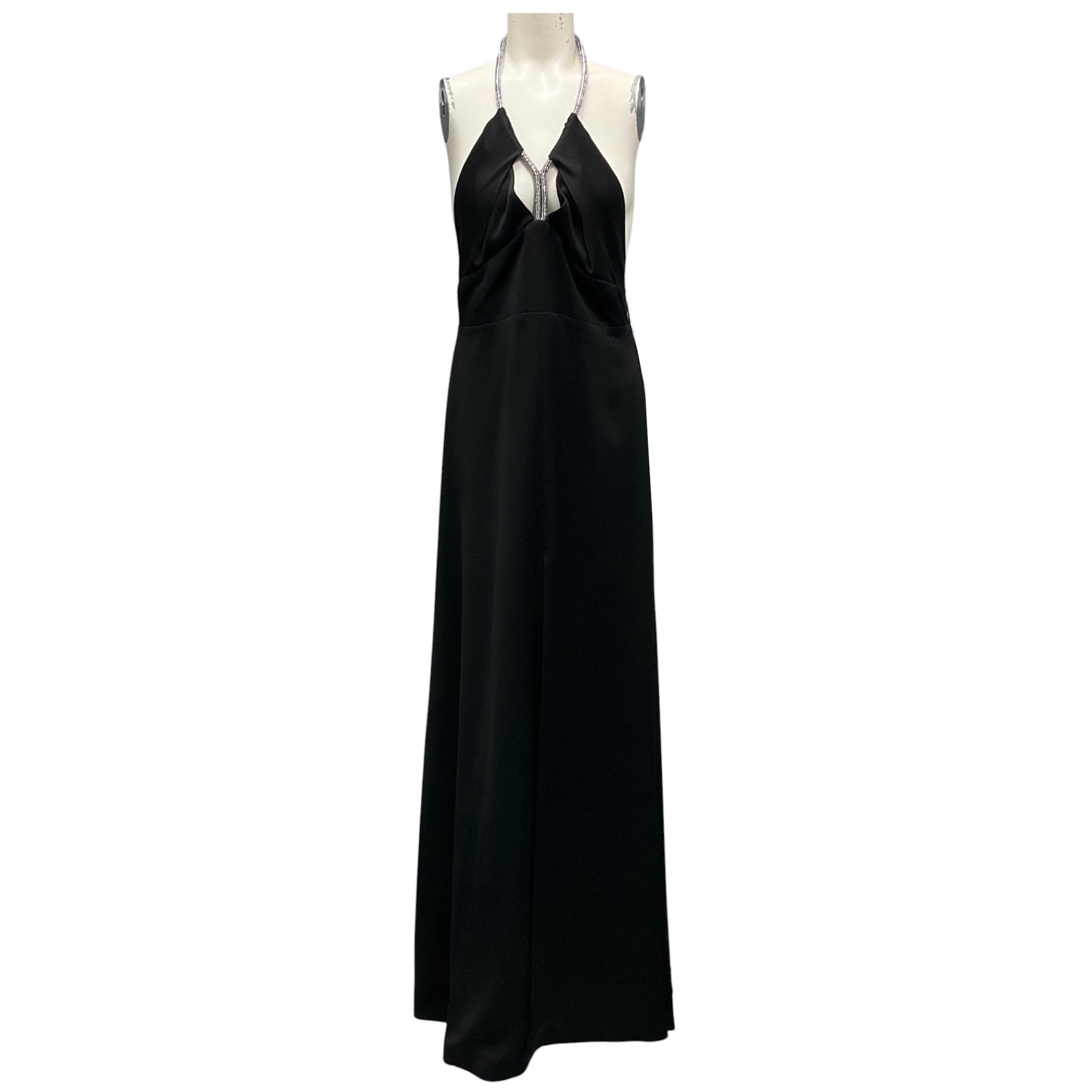 Genny Black Rhinestone Embellished Halter Neck Satin Gown