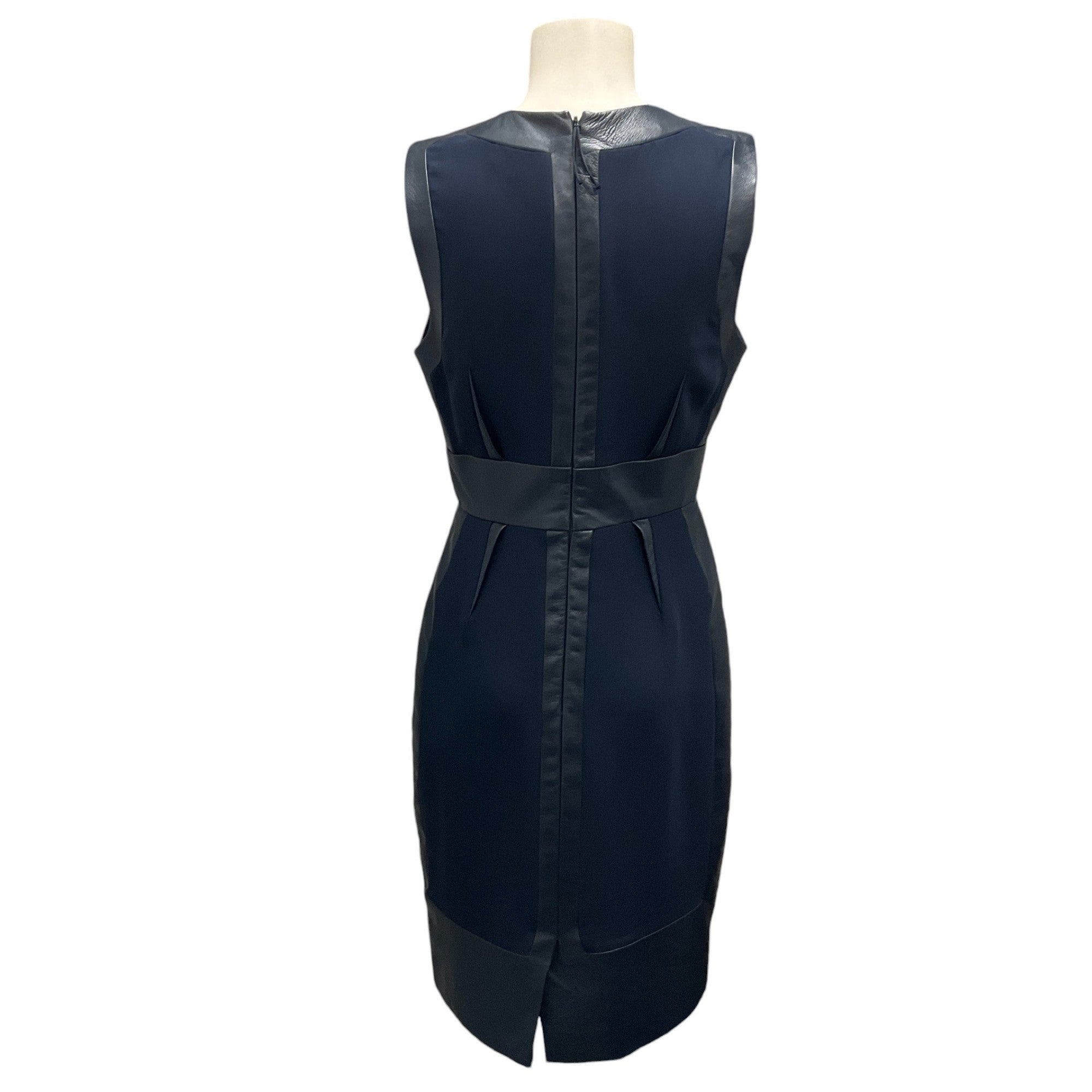 J. Mendel Navy Blue Leather Trimmed Sleeveless V-Neck Sheath Dress