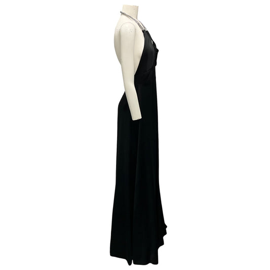 Genny Black Rhinestone Embellished Halter Neck Satin Gown