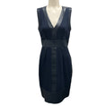 Load image into Gallery viewer, J. Mendel Navy Blue Leather Trimmed Sleeveless V-Neck Sheath Dress
