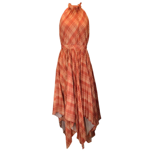 Altuzarra Orange Pleated Plaid Asymmetric Hem Halter-neck Handkerchief Dress
