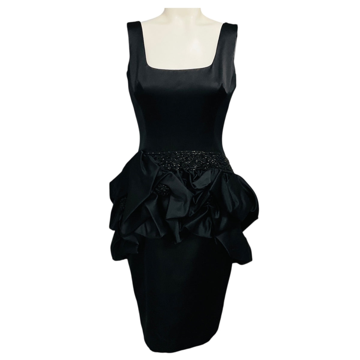 Marchesa Black Bead Embellished Ruffled Sleeveless Satin Cocktail Dress