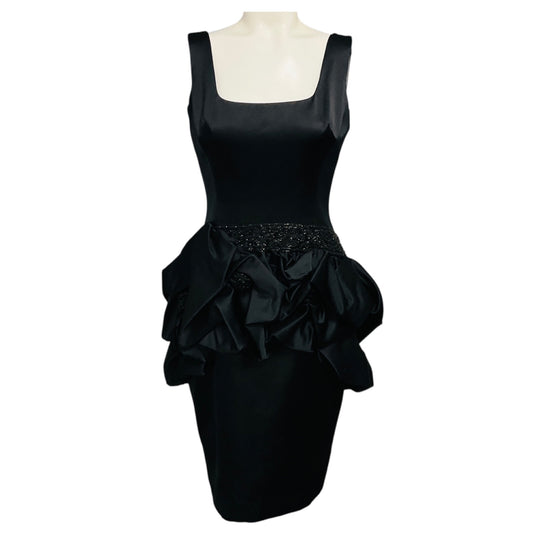 Marchesa Black Bead Embellished Ruffled Sleeveless Satin Cocktail Dress