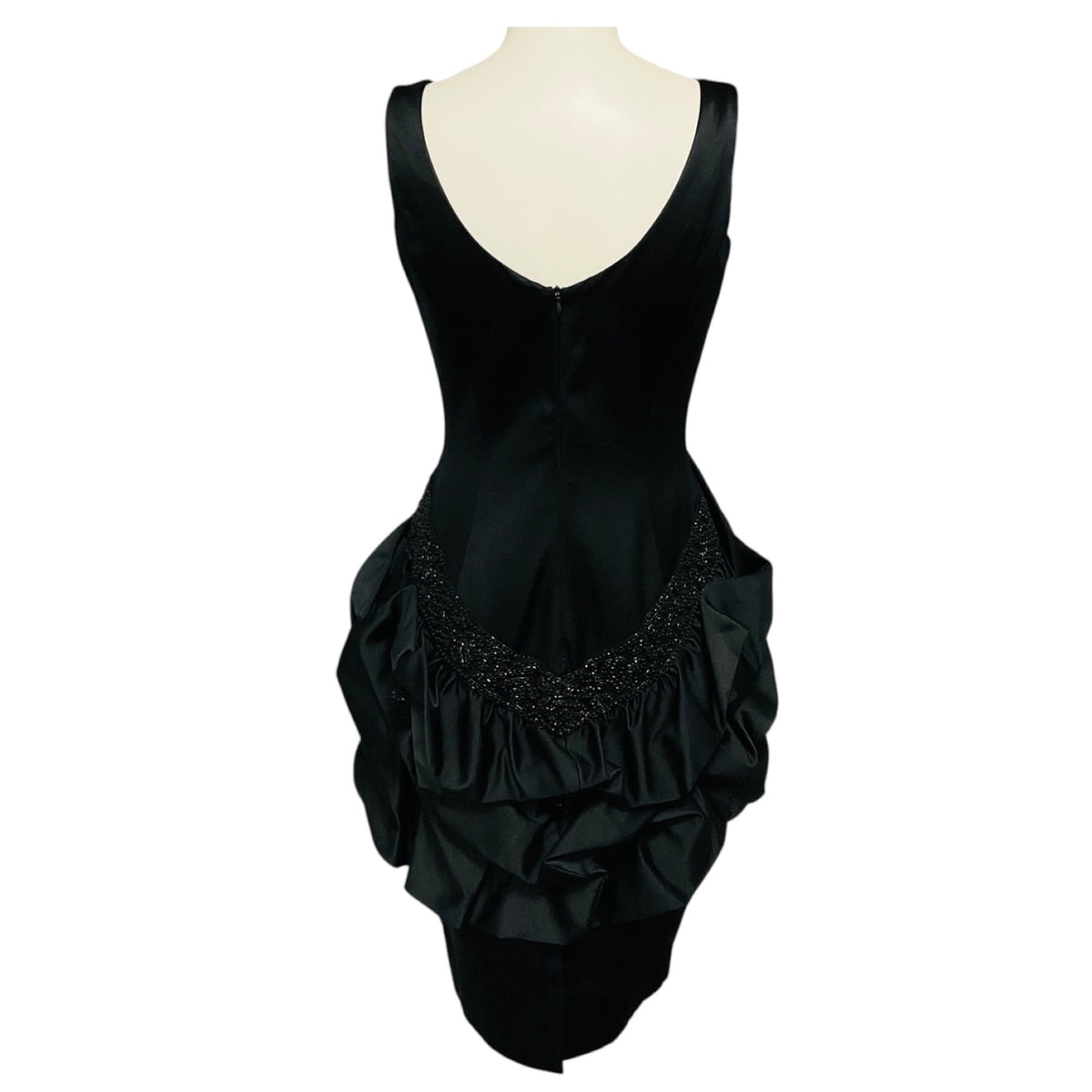 Marchesa Black Bead Embellished Ruffled Sleeveless Satin Cocktail Dress