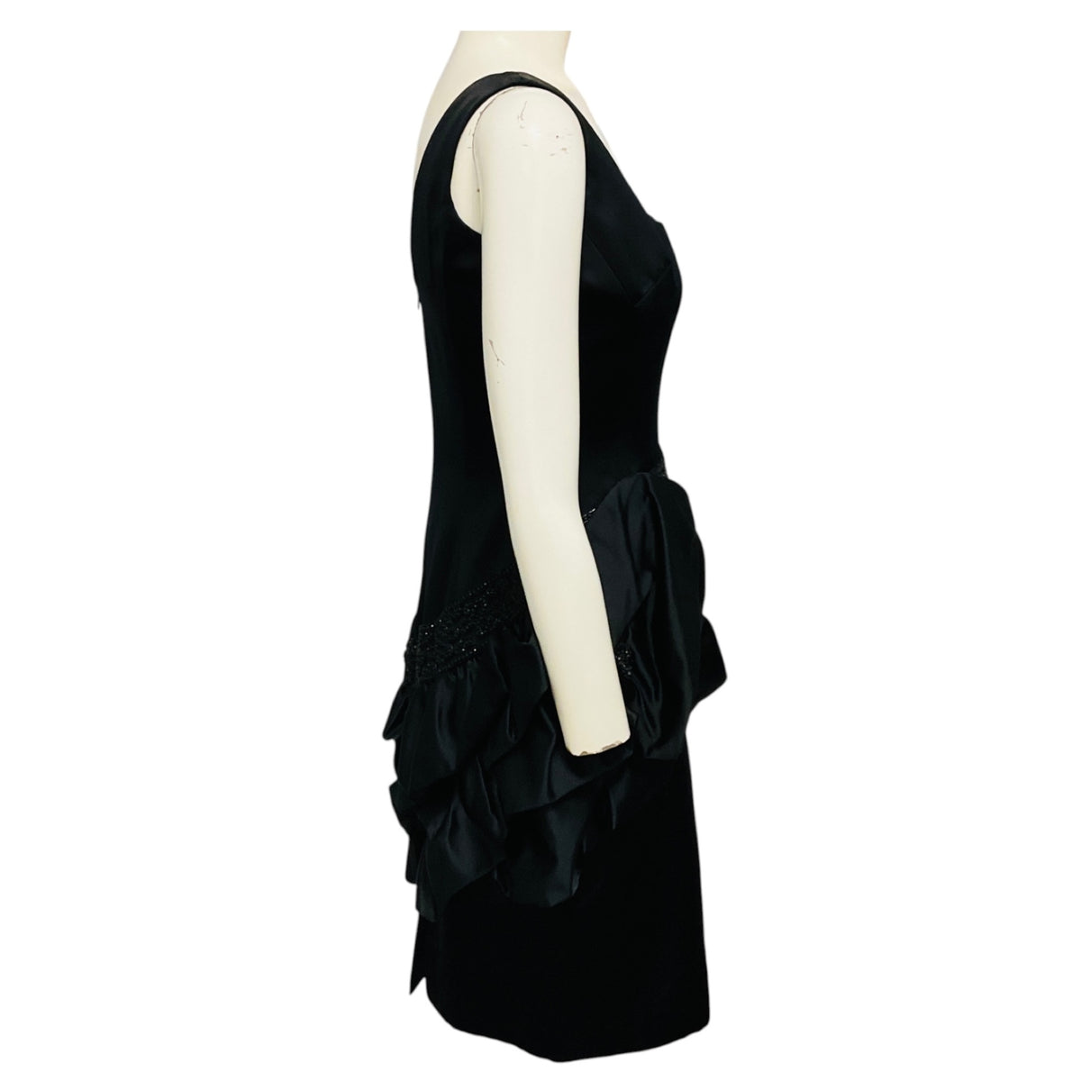 Marchesa Black Bead Embellished Ruffled Sleeveless Satin Cocktail Dress