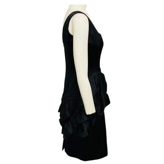 Marchesa Black Bead Embellished Ruffled Sleeveless Satin Cocktail Dress
