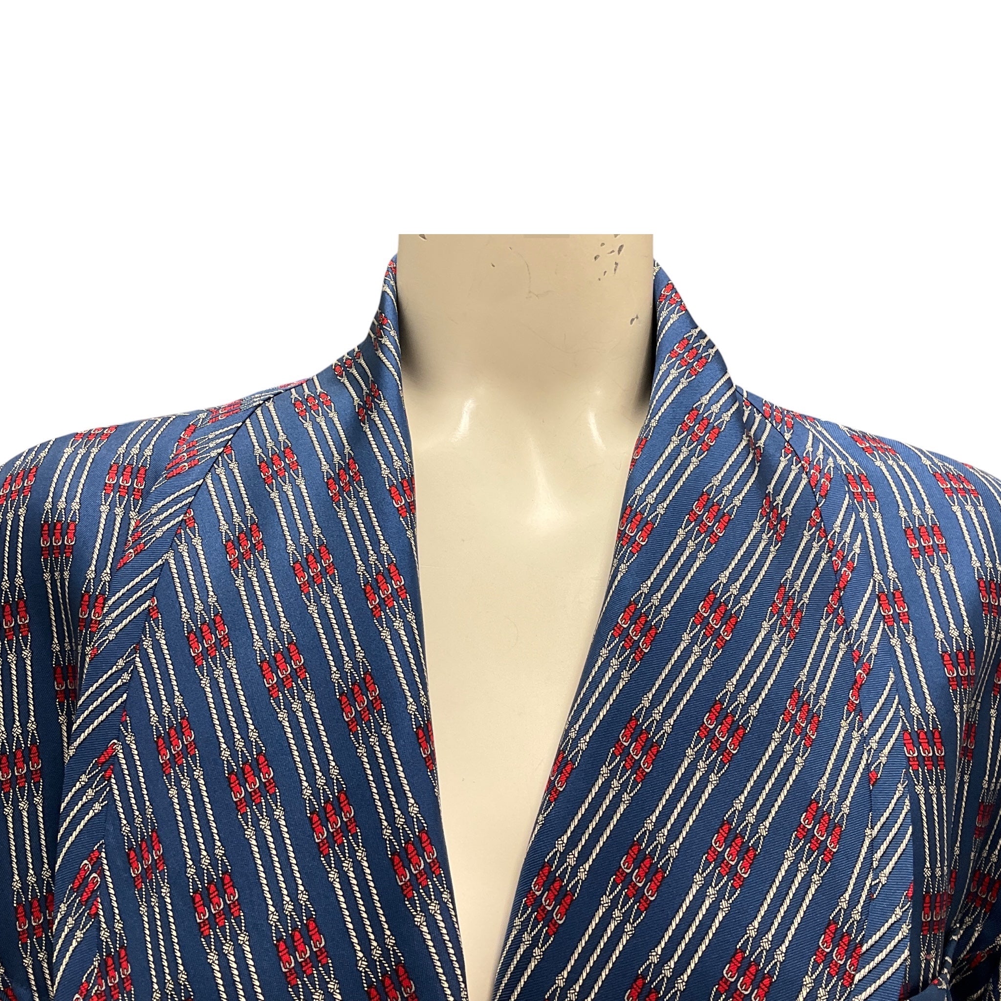 Hermes Vintage Blue / Red Rope and Belt Print Silk Robe with Belt