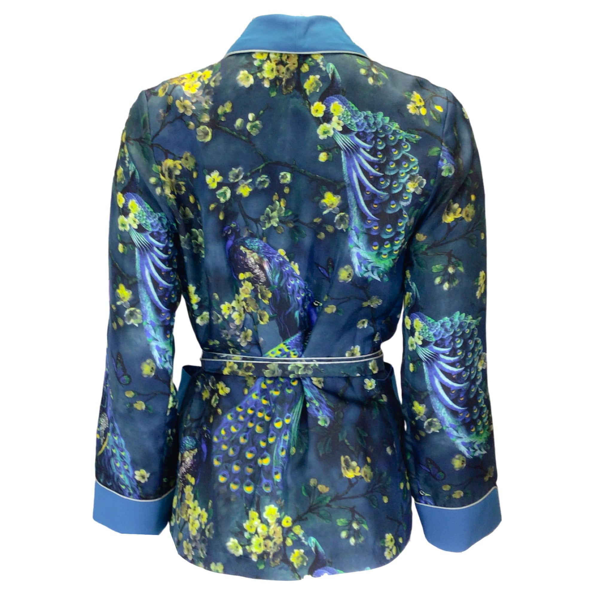 F.R.S For Restless Sleepers Blue / Green Multi Floral Peacock Printed Belted Silk Jacket