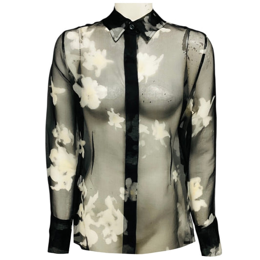 Altuzarra Black / Ivory Floral Printed Sheer Chiffon Chika Top
