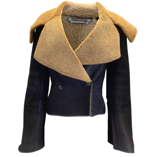 Barbara Bui Black / Tan Oversized Collar Shearling Lined Sheepskin Leather Jacket