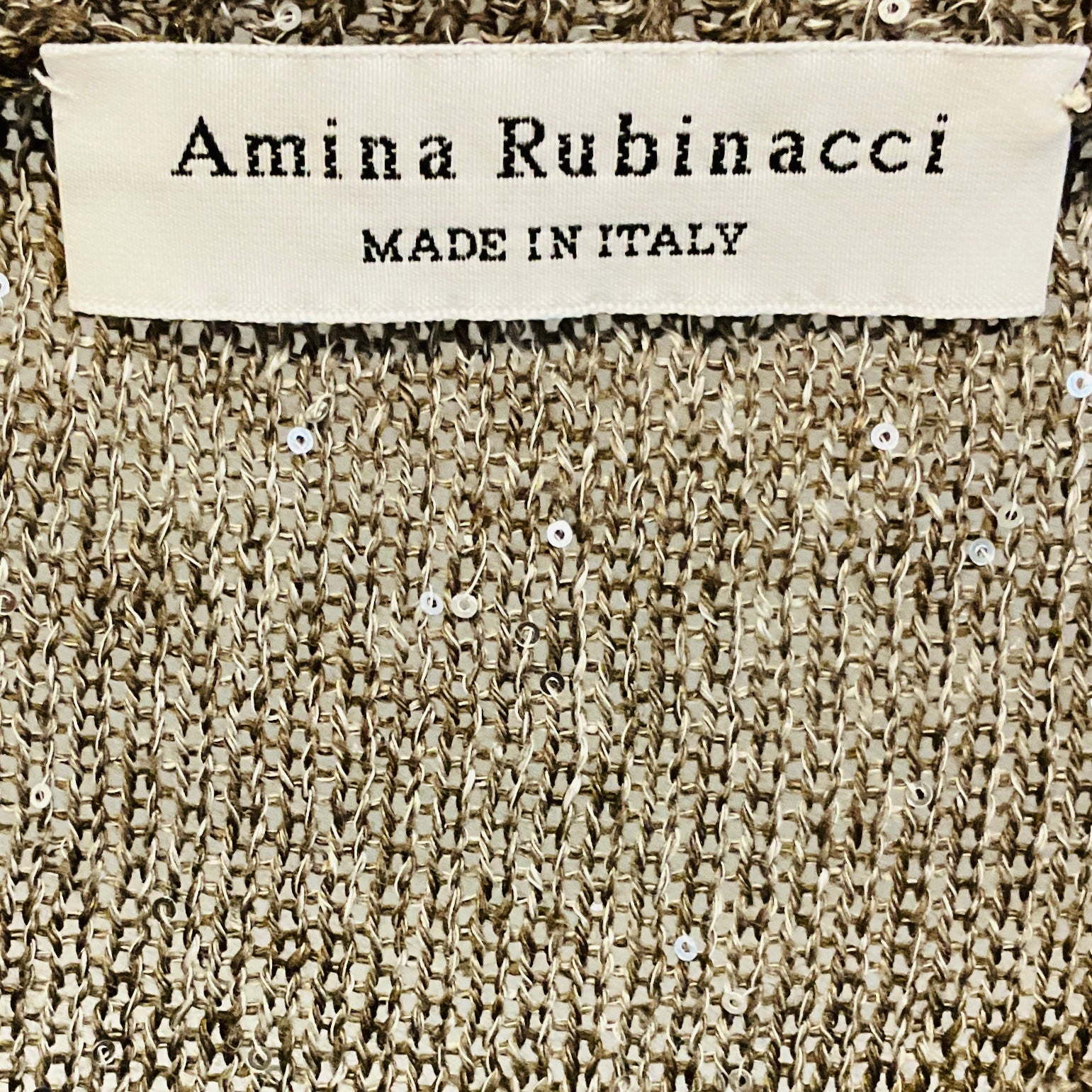 Amina Rubinacci Taupe / Silver Micro Sequined Three Quarter Sleeved Linen and Cotton Knit Sweater