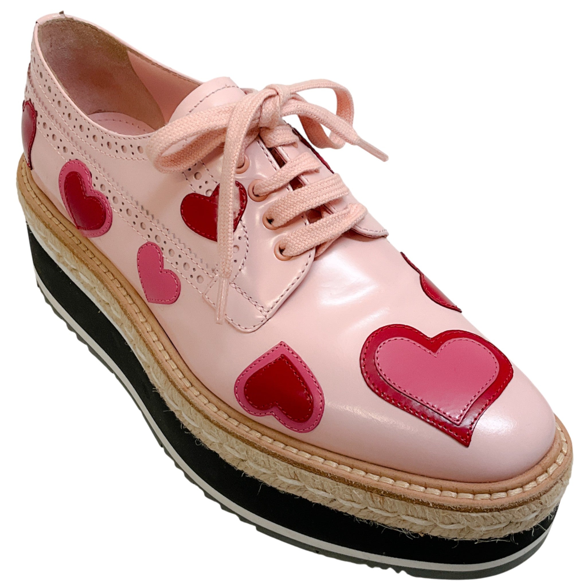 Prada Pink Patent Leather Platform Espadrille Oxfords with Hearts