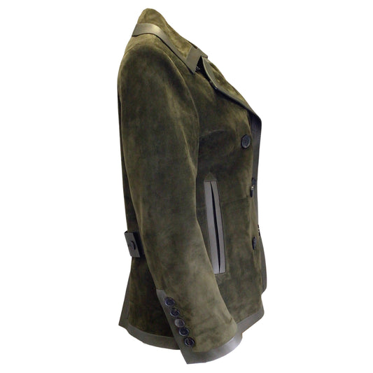 Tom Ford Olive Green Double Breasted Leather Trimmed Suede Jacket