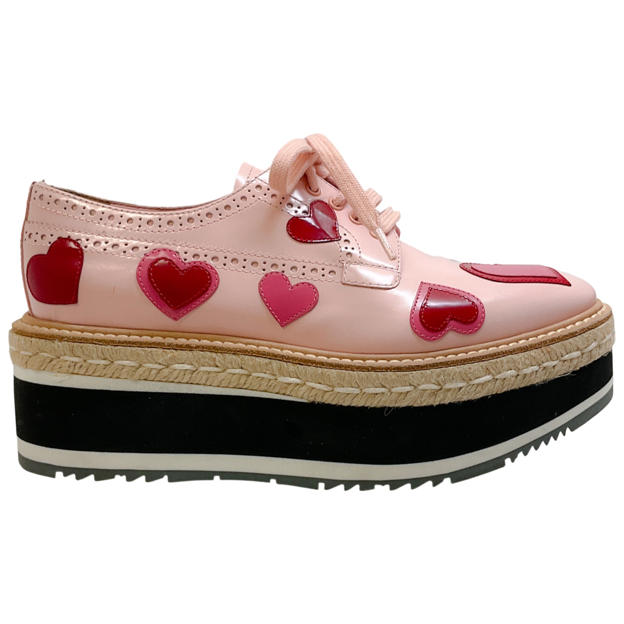 Prada Pink Patent Leather Platform Espadrille Oxfords with Hearts