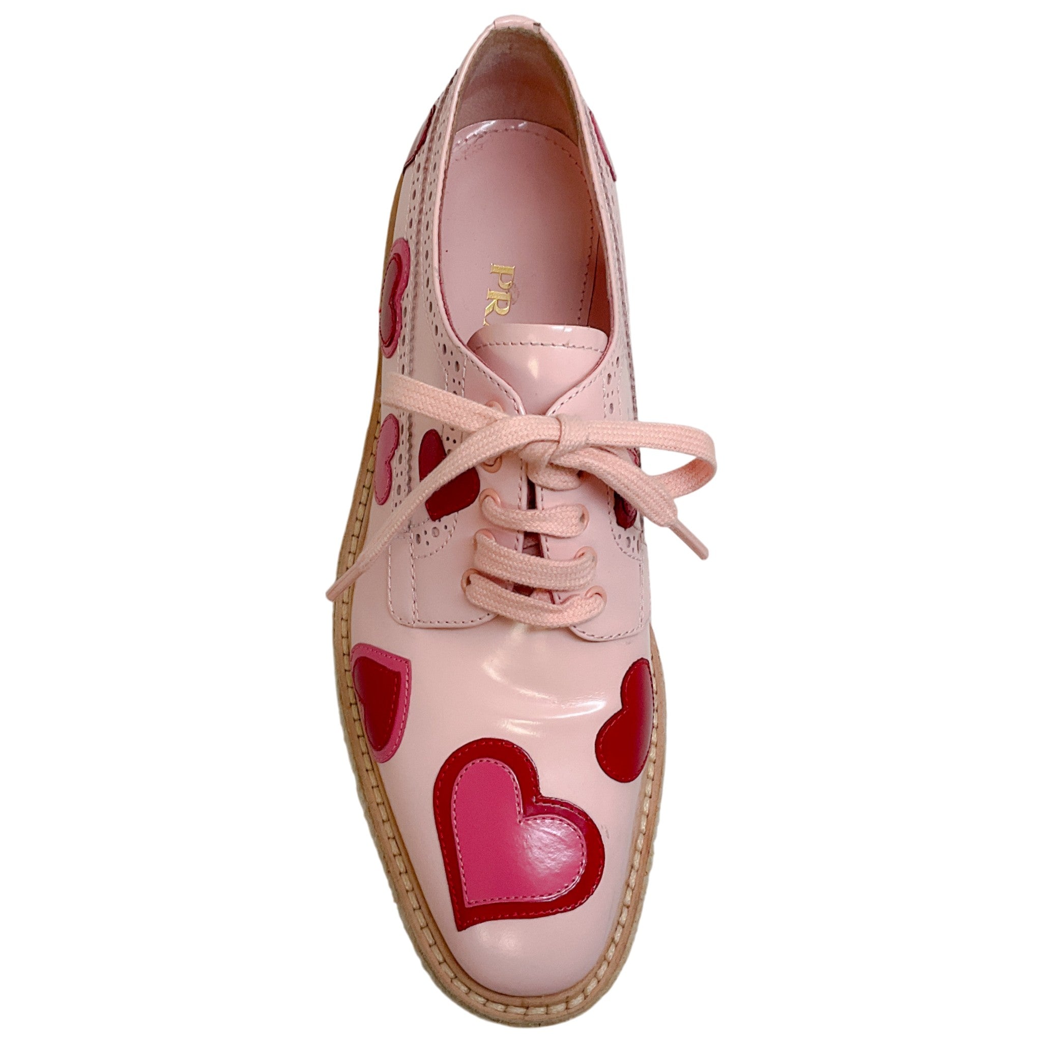 Prada Pink Patent Leather Platform Espadrille Oxfords with Hearts