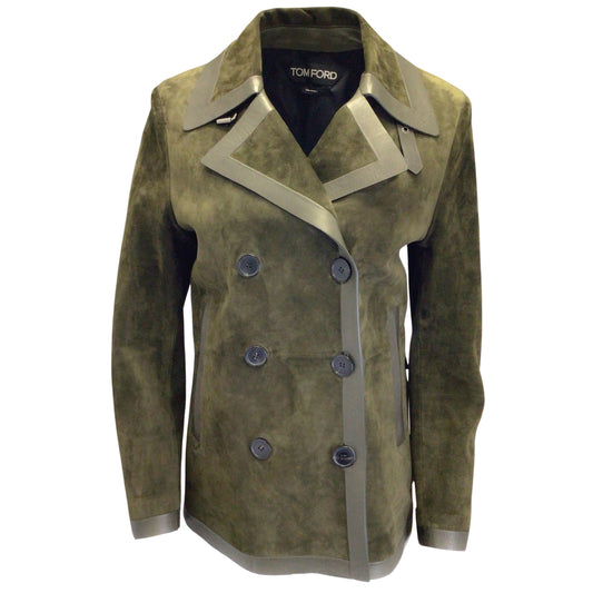 Tom Ford Olive Green Double Breasted Leather Trimmed Suede Jacket