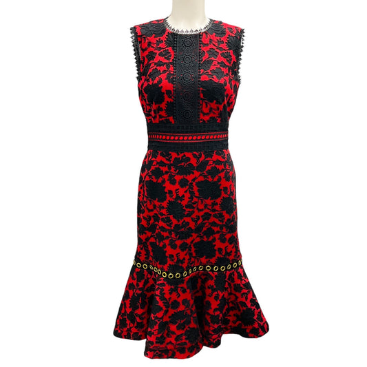 Saloni Red / Black Embroidered Sleeveless Midi Dress