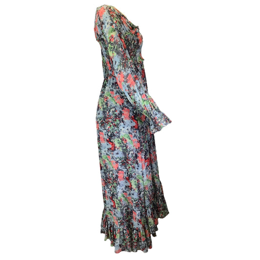 Cinq a Sept Blue / Red Multi Floral Printed Puckered Maxi Dress