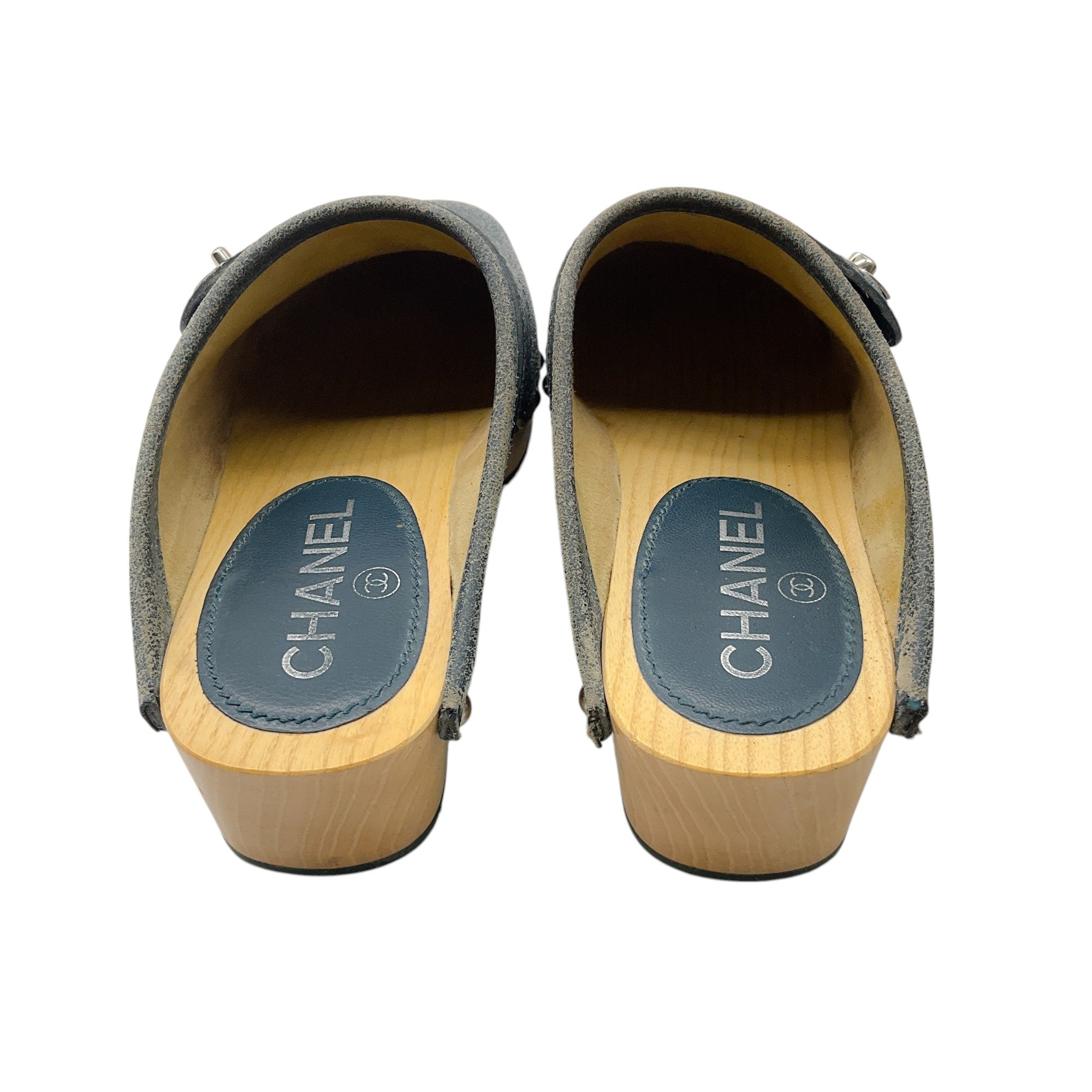 Chanel Blue 2014 Interlocking CC Logo Distressed Leather Clogs