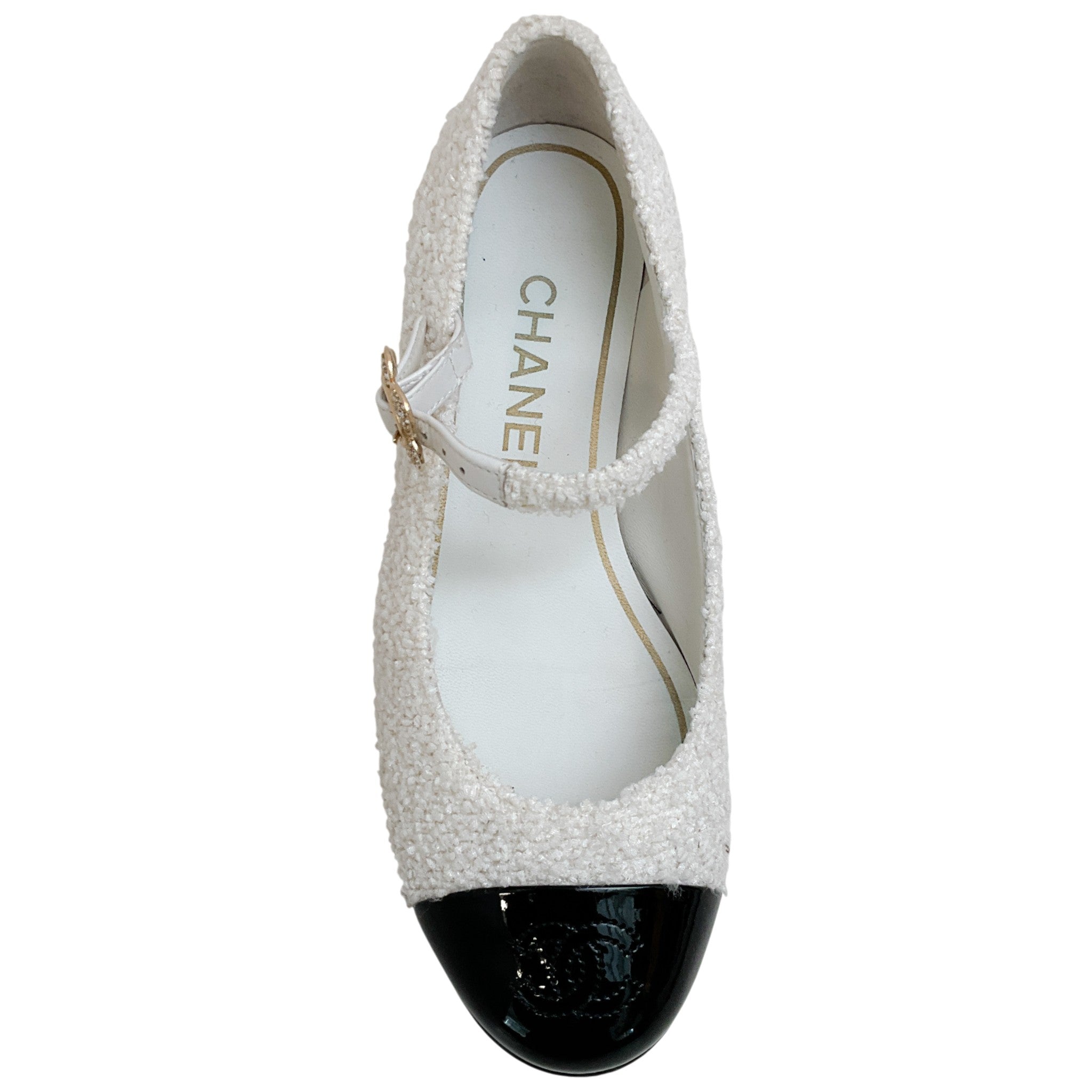 Chanel White Boucle Mary Jane Flats with Black Patent Cap Toe