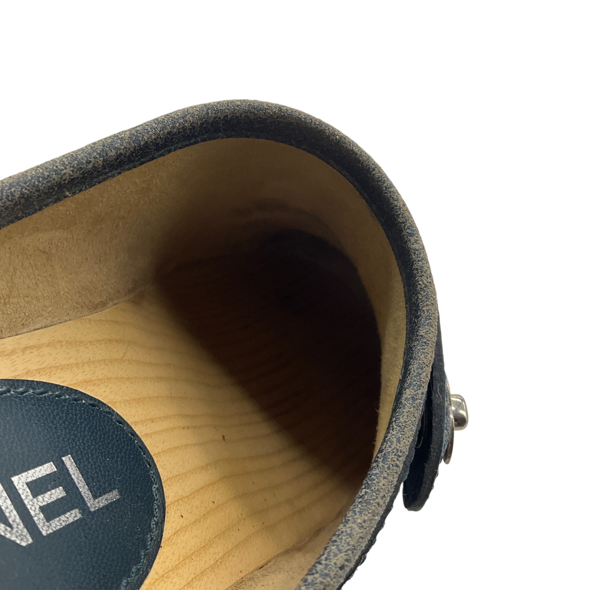 Chanel Blue 2014 Interlocking CC Logo Distressed Leather Clogs