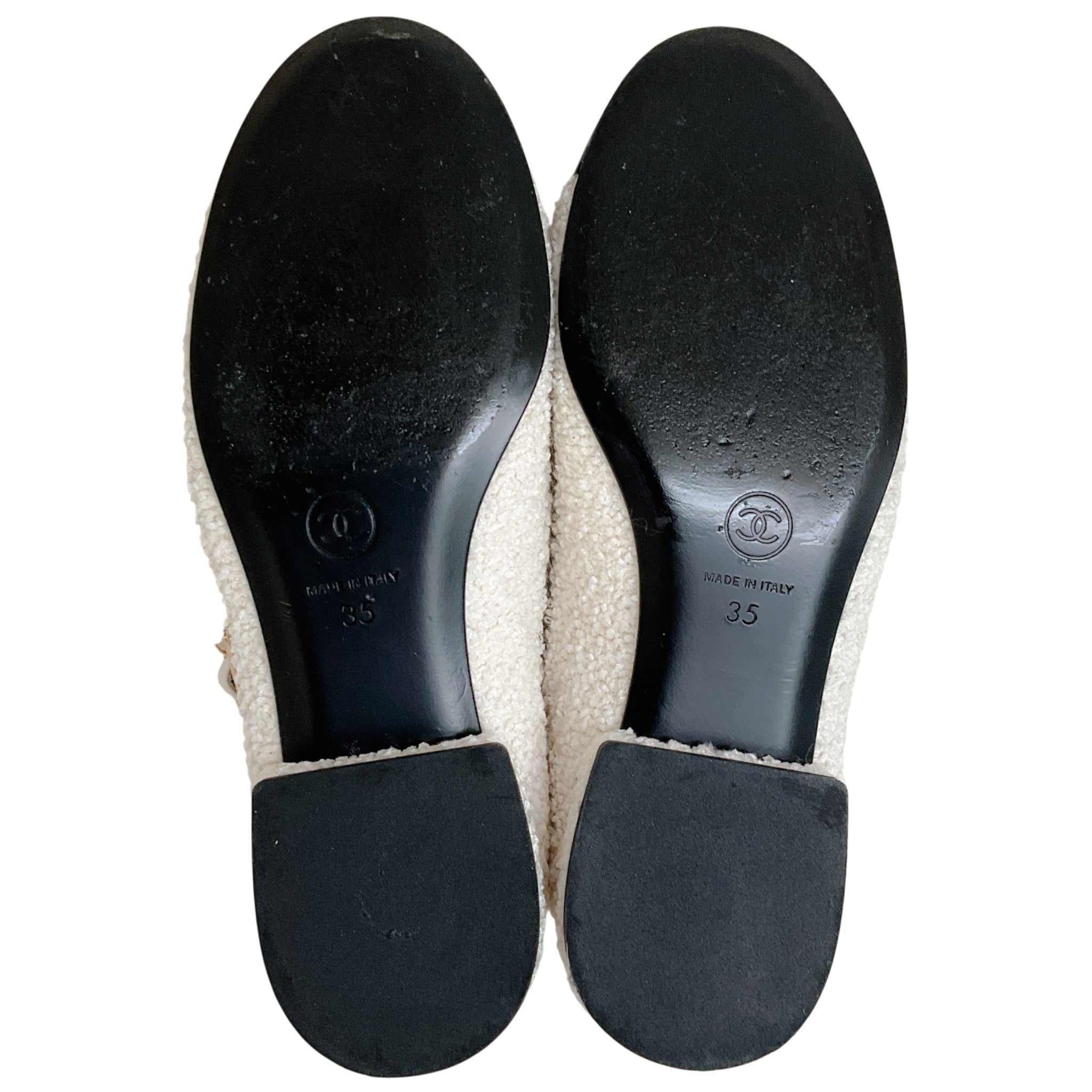 Chanel White Boucle Mary Jane Flats with Black Patent Cap Toe