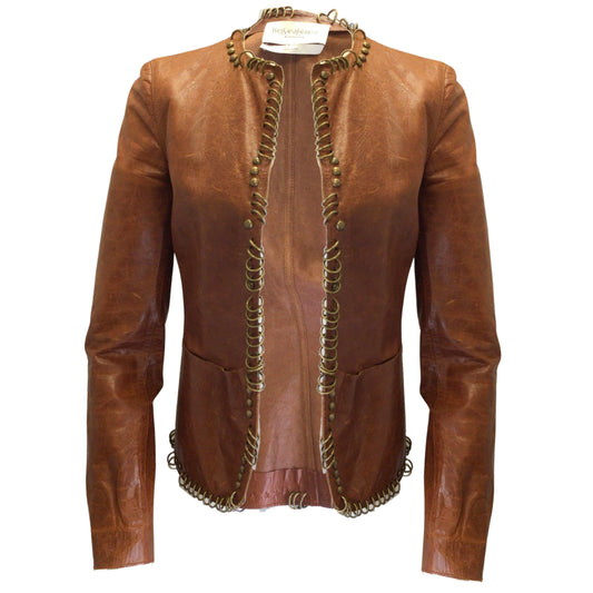 Yves Saint Laurent Rive Gauche Vintage Brown / Brass Ring Embellished Leather Jacket
