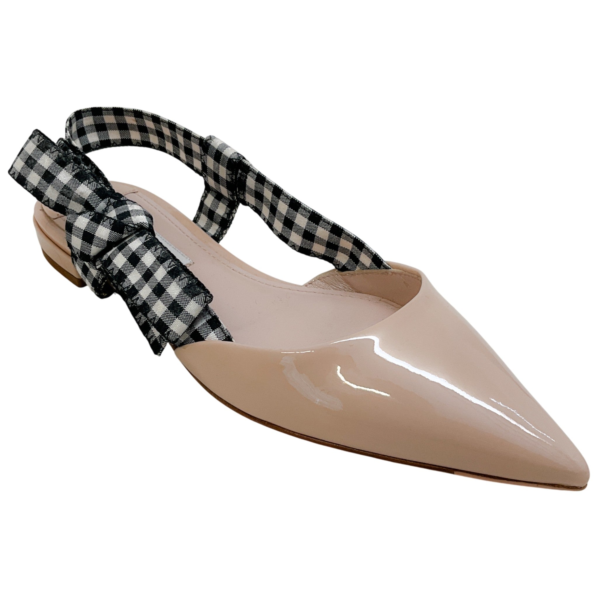 Miu Miu Nude Patent Leather Flats with Black / White Gingham Slingback
