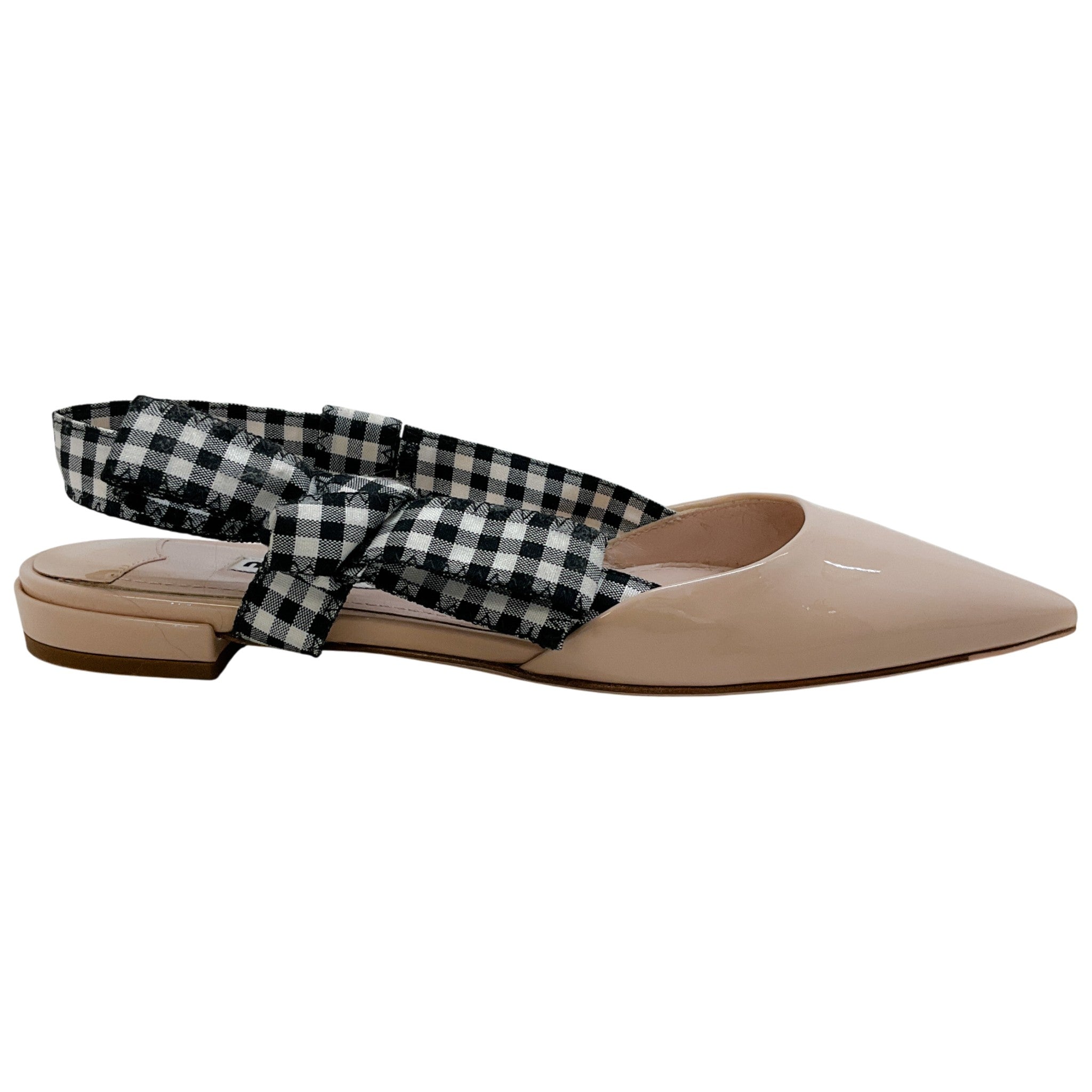 Miu Miu Nude Patent Leather Flats with Black / White Gingham Slingback