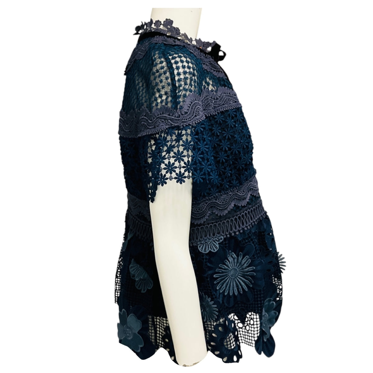 Self-Portrait Blue Short Sleeved Lace Top with Velvet Bow Detail