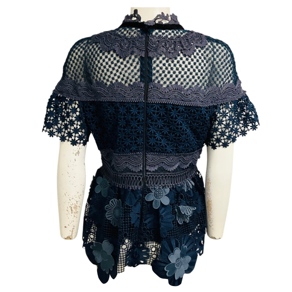 Self-Portrait Blue Short Sleeved Lace Top with Velvet Bow Detail