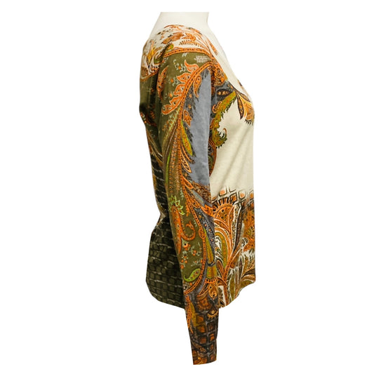 Etro Beige / Grey Multi Paisley Patterned Long Sleeved V-Neck Silk and Cashmere Knit Pullover Sweater