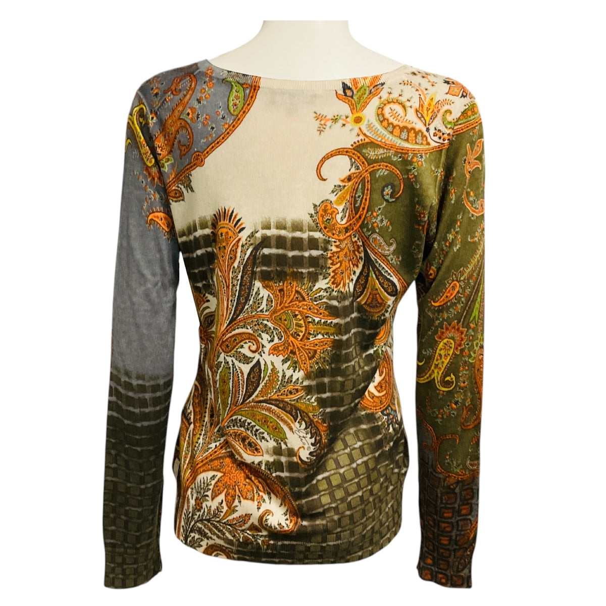 Etro Beige / Grey Multi Paisley Patterned Long Sleeved V-Neck Silk and Cashmere Knit Pullover Sweater