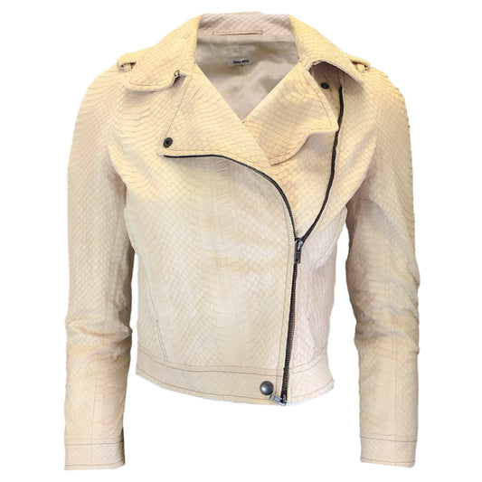 Miu Miu Ivory Python Skin Leather Moto Zip Jacket