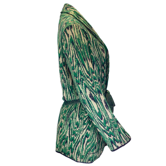 Dries van Noten Green / Beige / Black Long Sleeved Belted Wool Knit Cardigan Sweater