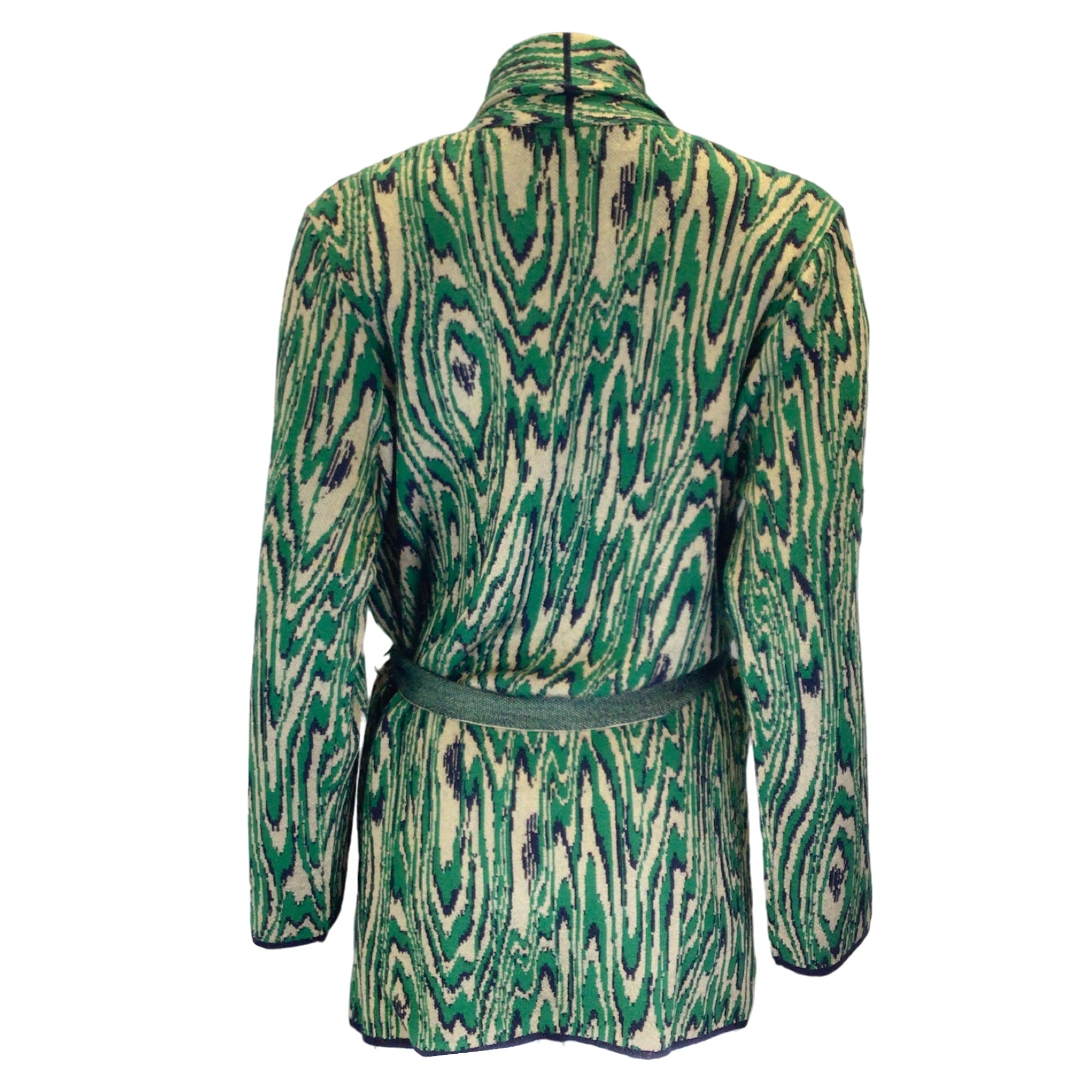 Dries van Noten Green / Beige / Black Long Sleeved Belted Wool Knit Cardigan Sweater